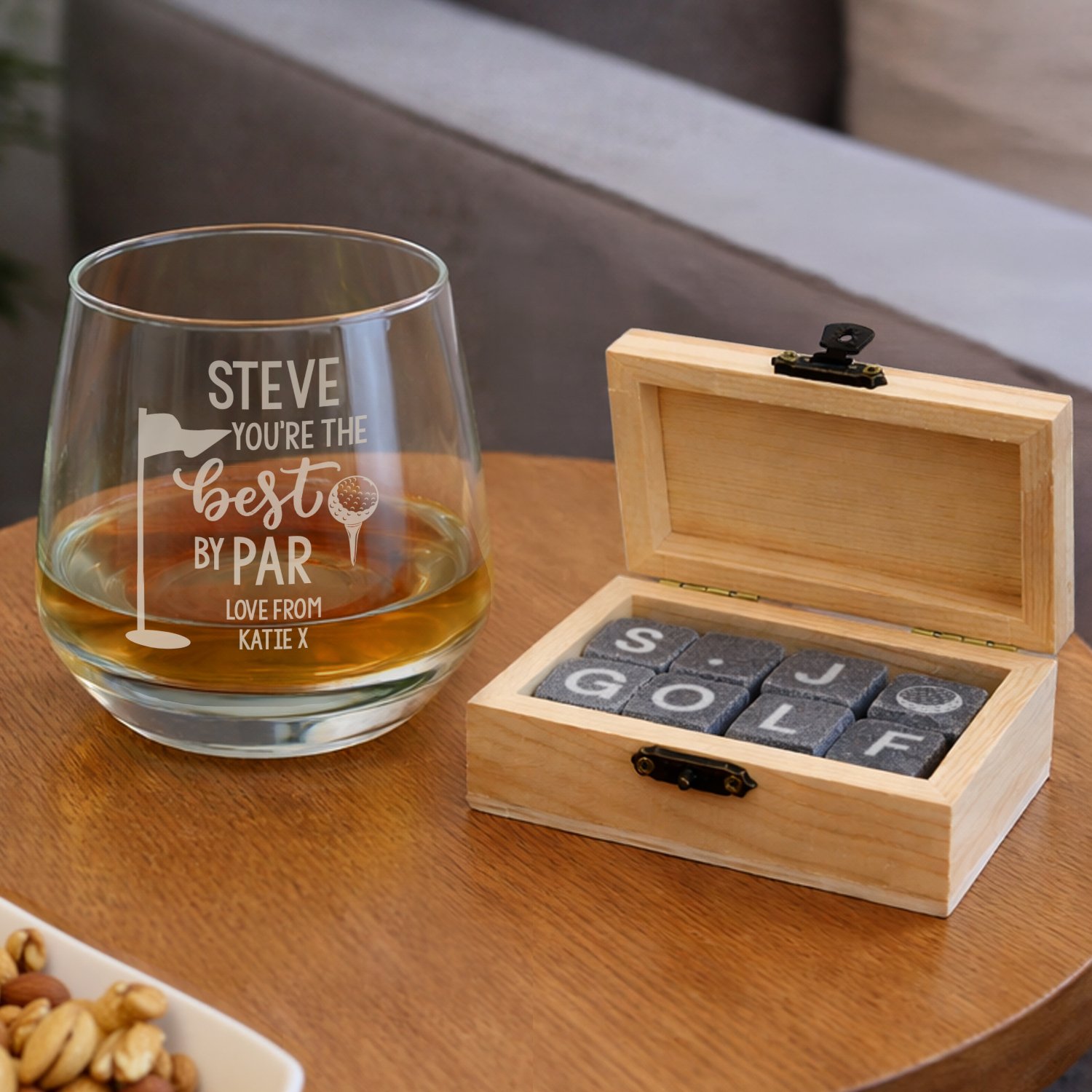 P0107J22 Personalised 'You're The Best By Par' Golf Themed Glass Tumbler & Whisky Stones Gift Set Personalised 'You're The Best By Par' Golf Themed Glass Tumbler & Whisky Stones Gift Set - Image 1