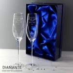 Personalised Hand Cut Heart Diamante Pair of Glass Champagne Flutes & Gift Box