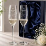 Personalised Little Hearts Motif Hand Cut Pair of Glass Champagne Flutes + Gift Box