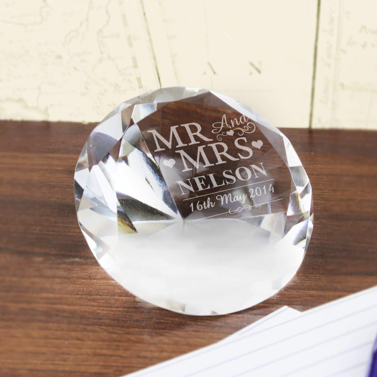 P0108A31 Personalised 'Mr And Mrs' Hearts Motif Diamond Glass Paperweight Personalised 'Mr And Mrs' Hearts Motif Diamond Glass Paperweight - Image 1