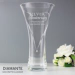 Personalised 'Silver Anniversary' Large Hand Cut Diamante Heart Glass Vase
