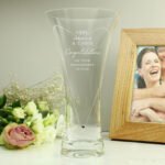 Personalised Botanical Design Large Hand Cut Diamond Effect Heart Glass Vase