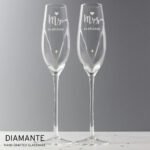 Personalised Hand Cut 'Mr & Mrs' Heart Motif Pair of Glass Champagne Flutes + Gift Box