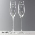 Personalised Hand Cut Heart Celebration Pair of Glass Champagne Flutes + Gift Box
