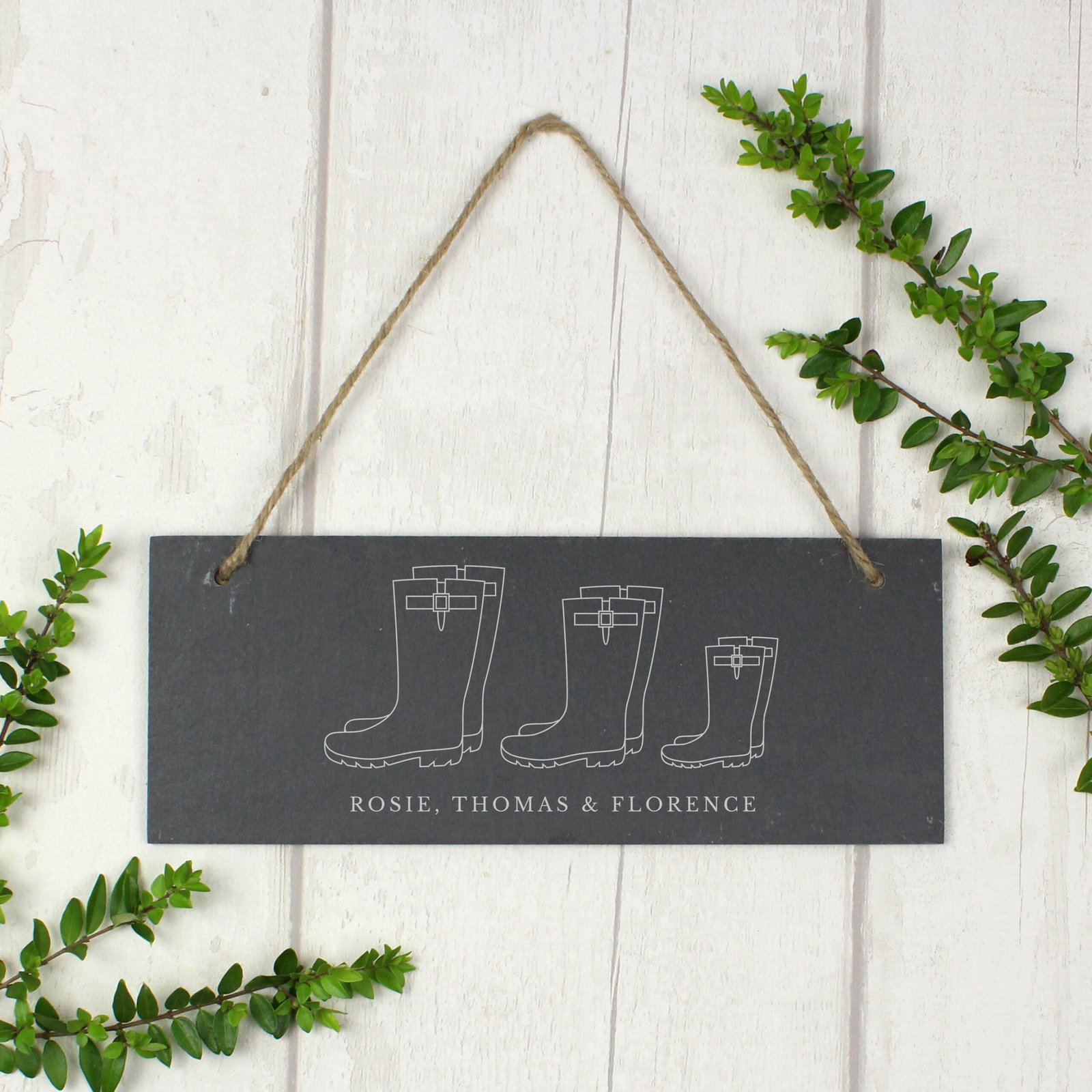 P010904 Personalised Welly Boot Design Family of Three Hanging Slate Plaque Personalised Welly Boot Design Family of Three Hanging Slate Plaque - Image 1