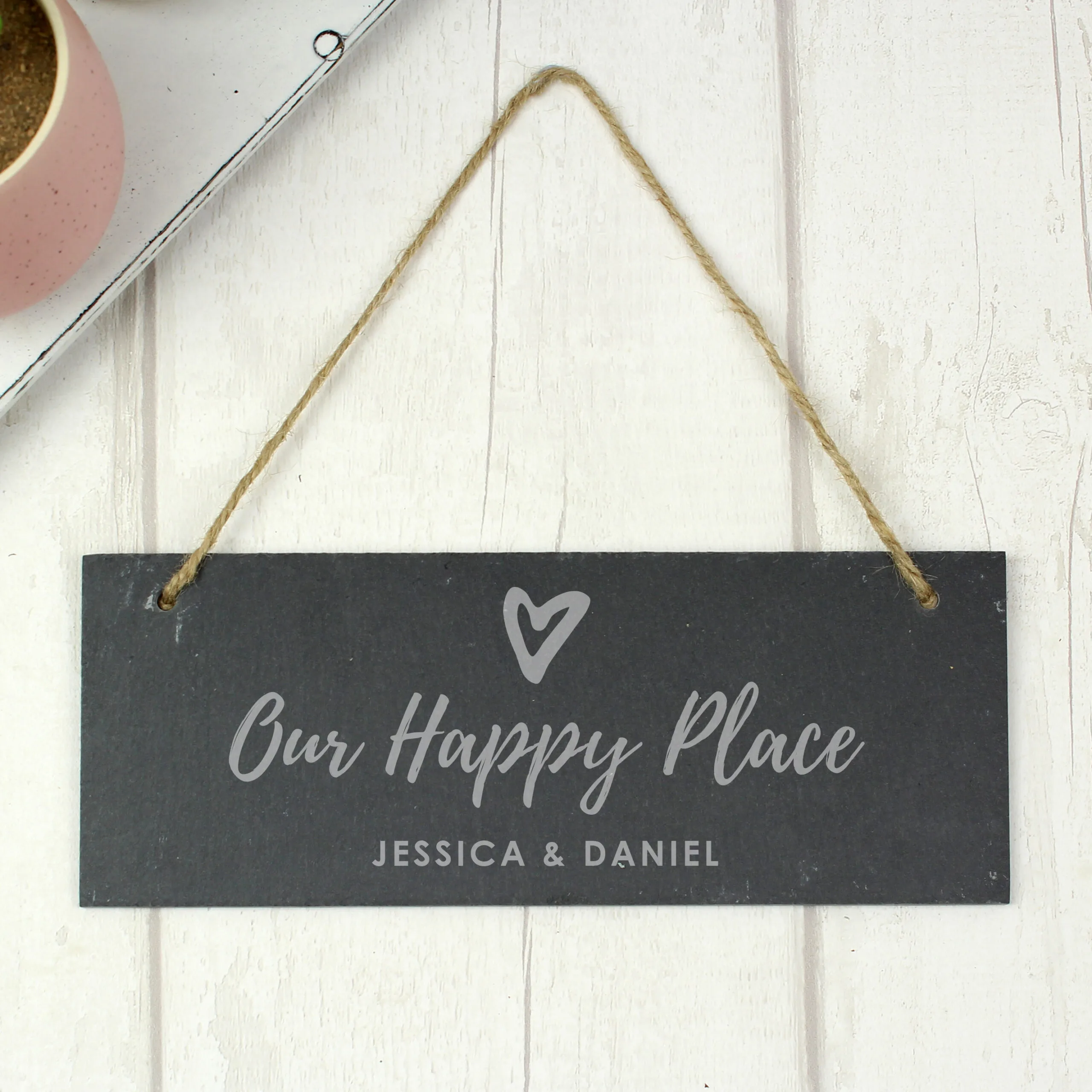 Personalised 'Our Happy Place' Hanging Slate Plaque - Image 2