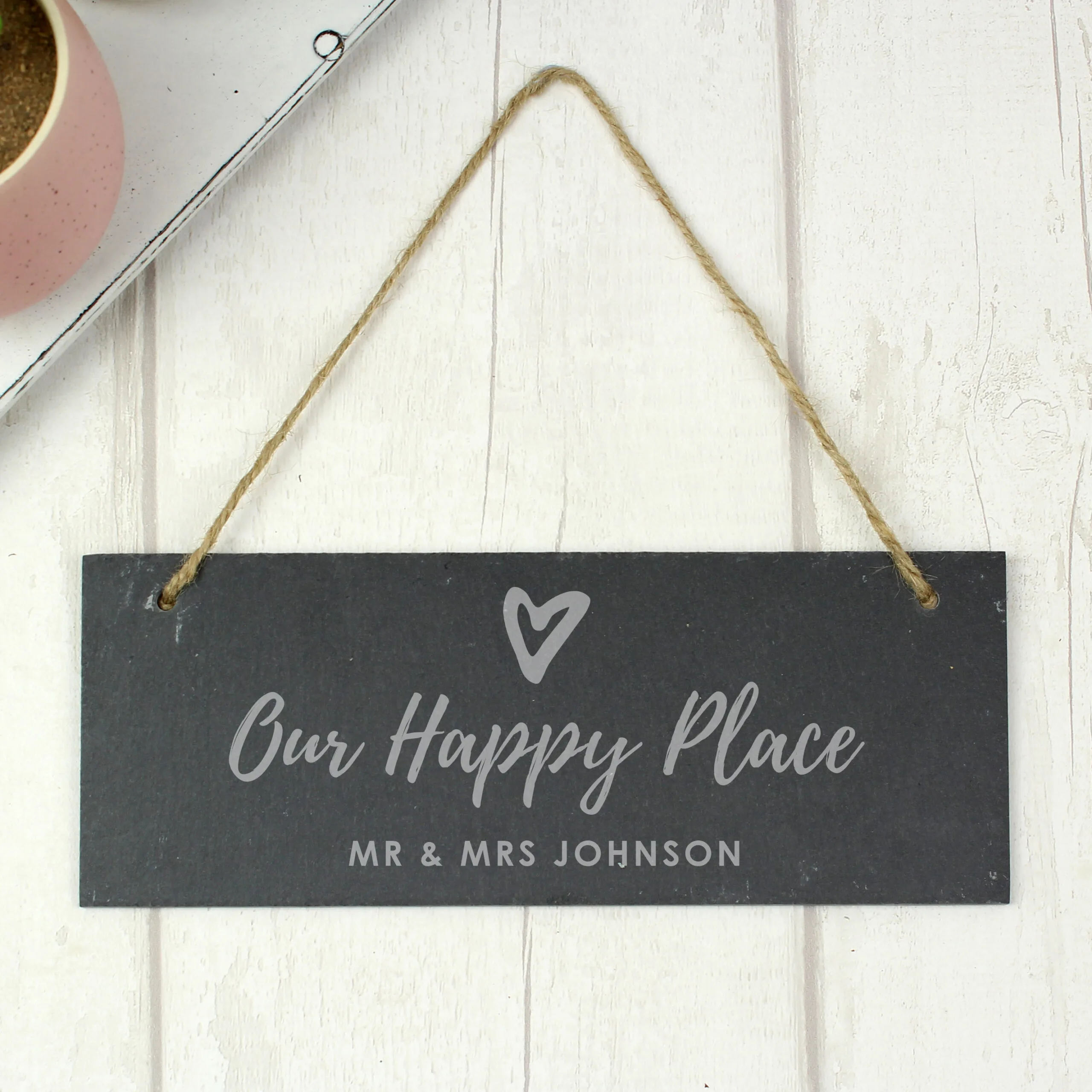 P0109078 Personalised 'Our Happy Place' Hanging Slate Plaque Personalised 'Our Happy Place' Hanging Slate Plaque - Image 1