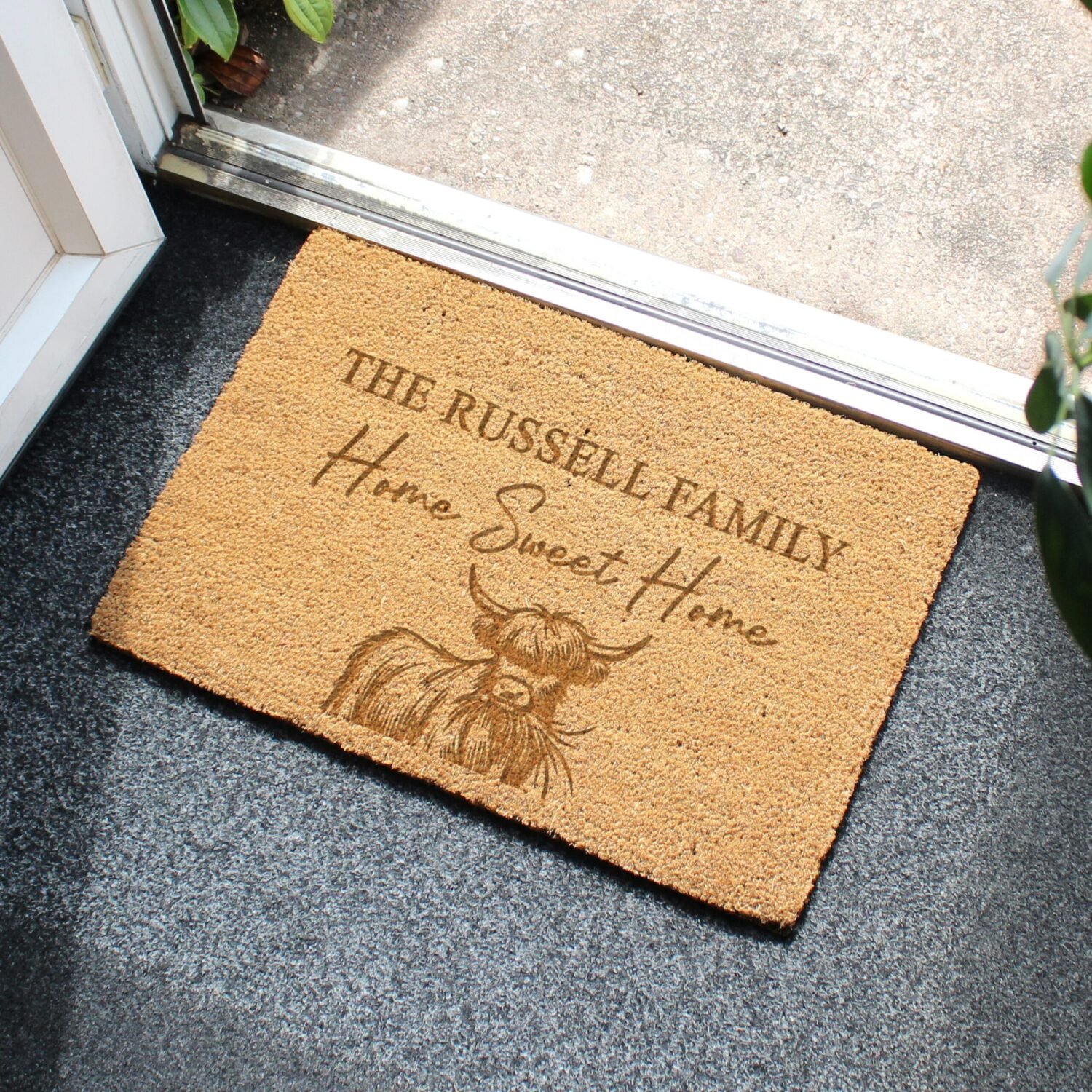 P011023 Personalised Highland Cow Design 'Home Sweet Home' Coir Doormat Personalised Highland Cow Design 'Home Sweet Home' Coir Indoor Doormat - Image 1