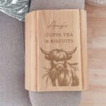Personalised Any Message Highland Cow Design Wooden Sofa Tray