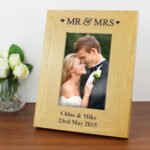 Personalised 'Mr & Mrs' Hearts Motif 4x6 Portrait Oak Finish Photo Frame