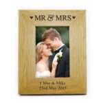 Personalised 'Mr & Mrs' Hearts Motif 4x6 Portrait Oak Finish Photo Frame - Image 2