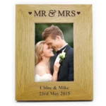 Personalised 'Mr & Mrs' Hearts Motif 4x6 Portrait Oak Finish Photo Frame - Image 2