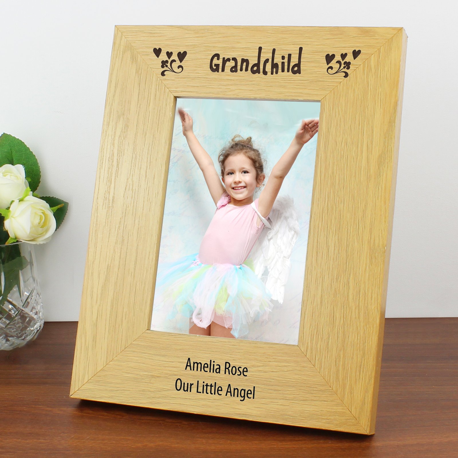 P0111A74 Personalised 'Grandchild' 4x6 Portrait Oak Finish Photo Frame Personalised 'Grandchild' 4x6 Portrait Oak Finish Photo Frame - Image 1