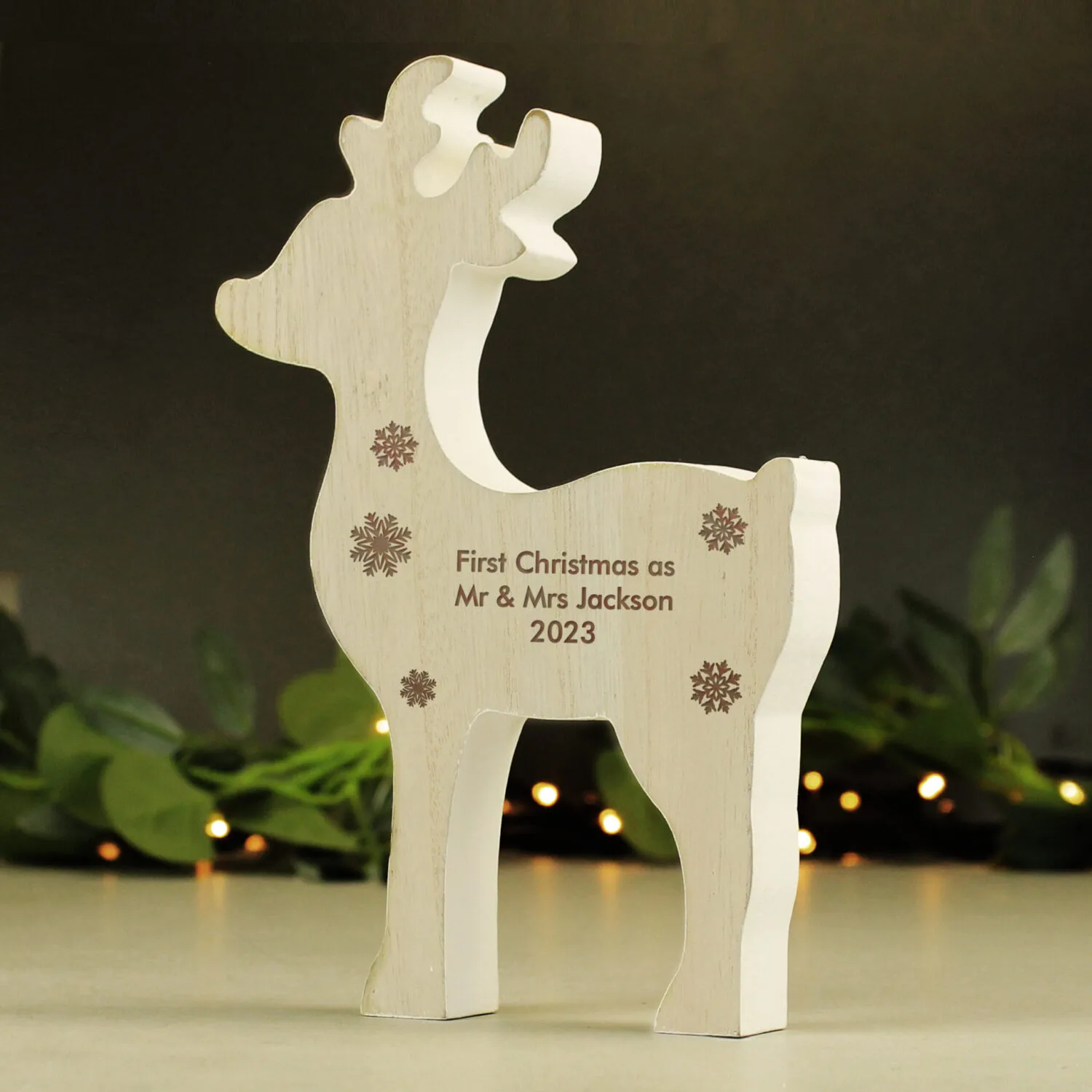 P0111B15 Personalised Any Message Rustic Wooden Reindeer Decoration Personalised Any Message Rustic Wooden Reindeer Christmas Decoration - Image 1