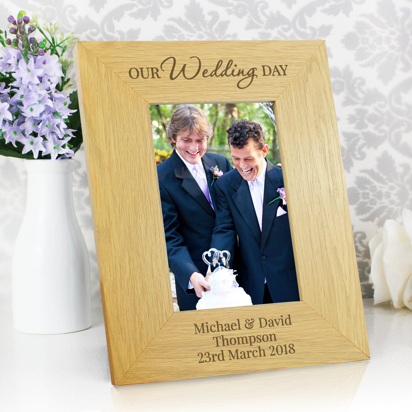 P0111B44 Personalised 'Our Wedding Day' 4x6 Portrait Oak Finish Photo Frame Personalised 'Our Wedding Day' 4x6 Portrait Oak Finish Photo Frame - Image 1