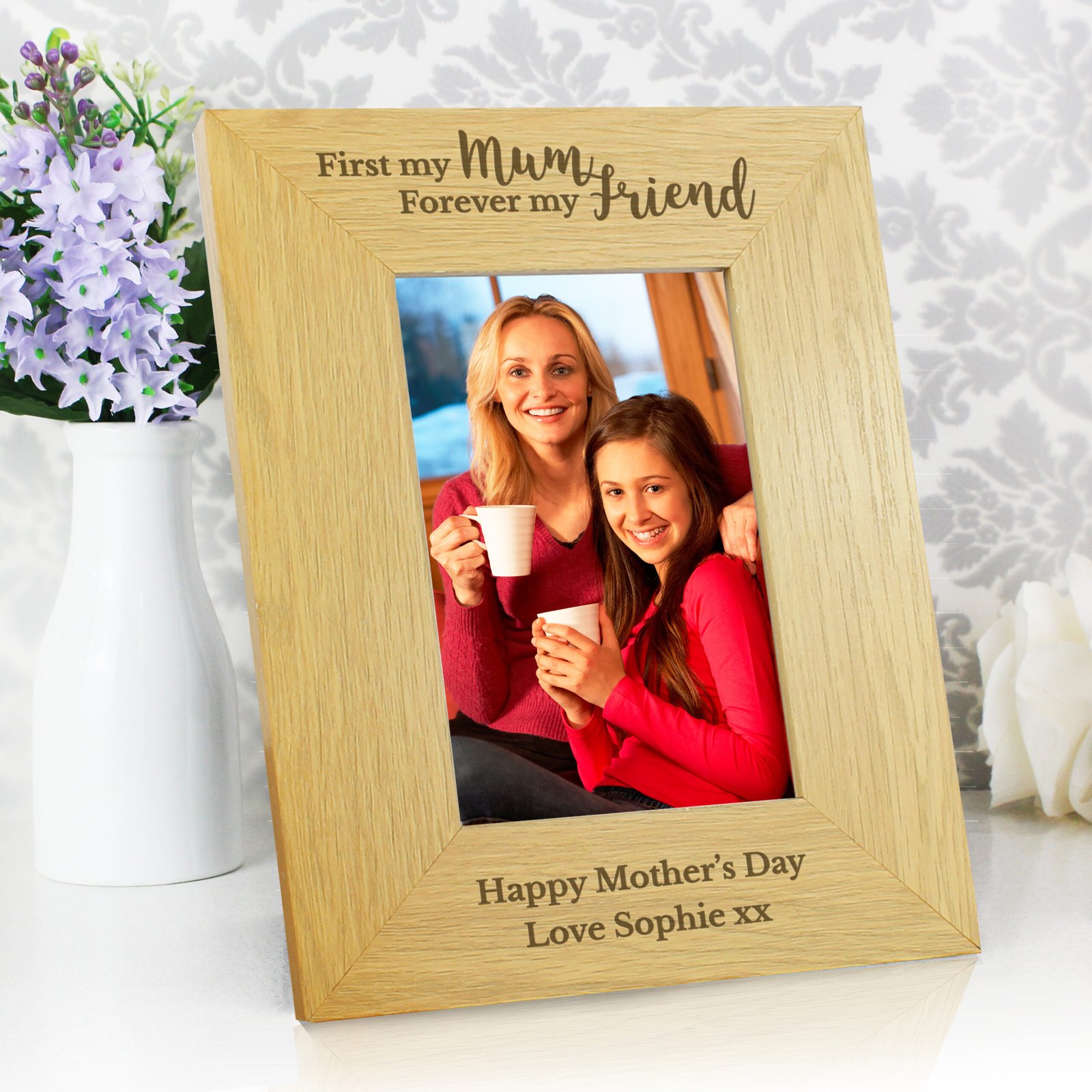 P0111B47 Personalised 'First My Mum, Forever My Friend' 4x6 Portrait Oak Finish Photo Frame Personalised 'First My Mum, Forever My Friend' 4x6 Portrait Oak Finish Photo Frame - Image 1