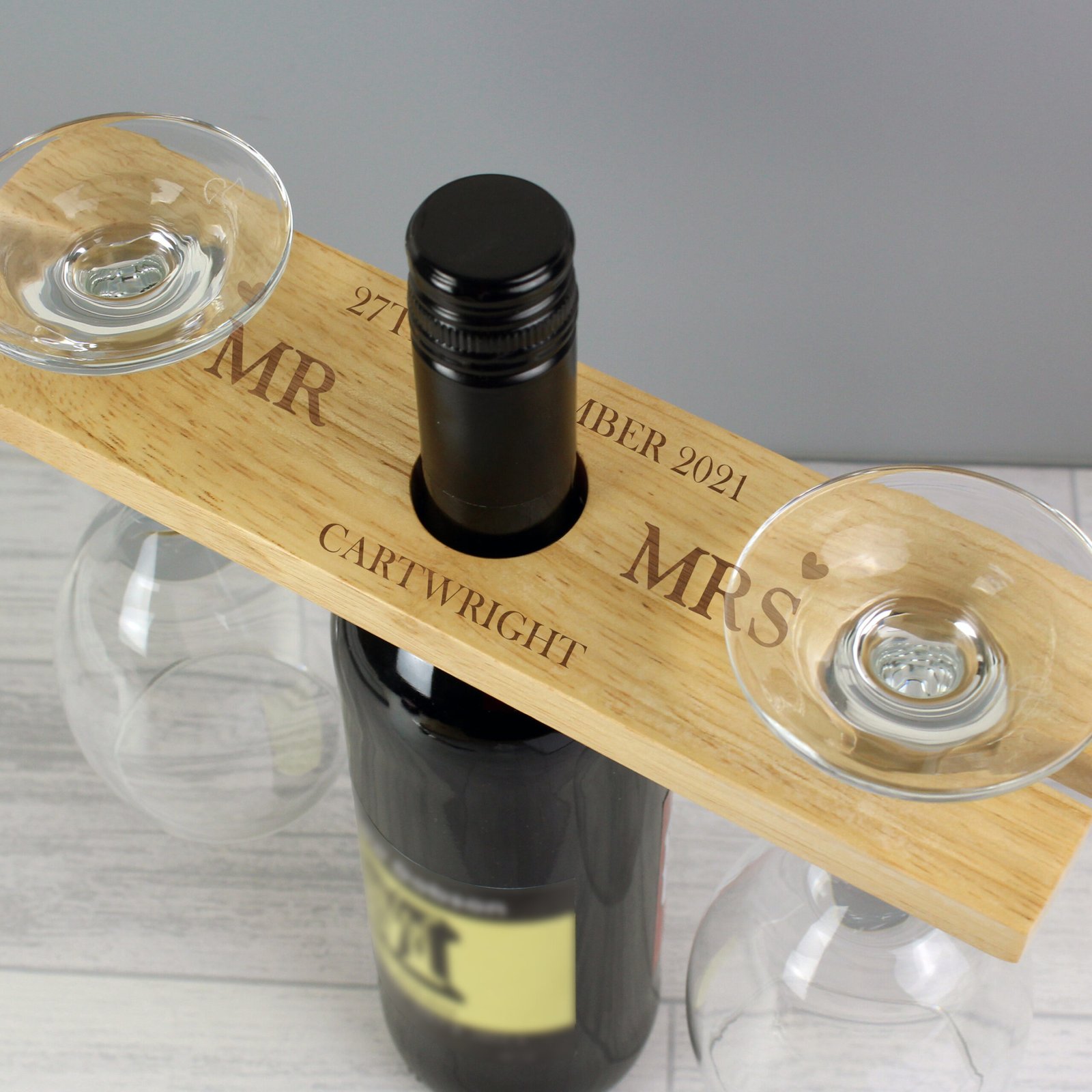 P0111C31 Personalised Married Couple Wooden Wine Glass & Bottle Holder Personalised Married Couple Wooden Wine Glass & Bottle Holder - Image 1