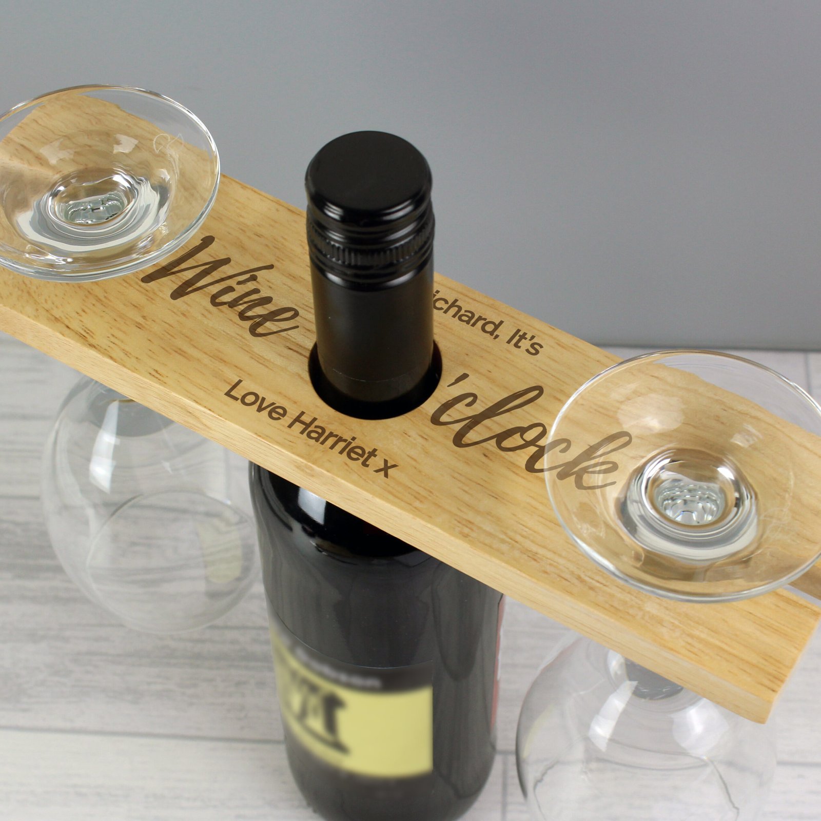 P0111C32 Personalised 'Wine O'Clock' Wooden Wine Glass & Bottle Holder Personalised 'Wine O'Clock' Wooden Wine Glass & Bottle Holder - Image 1