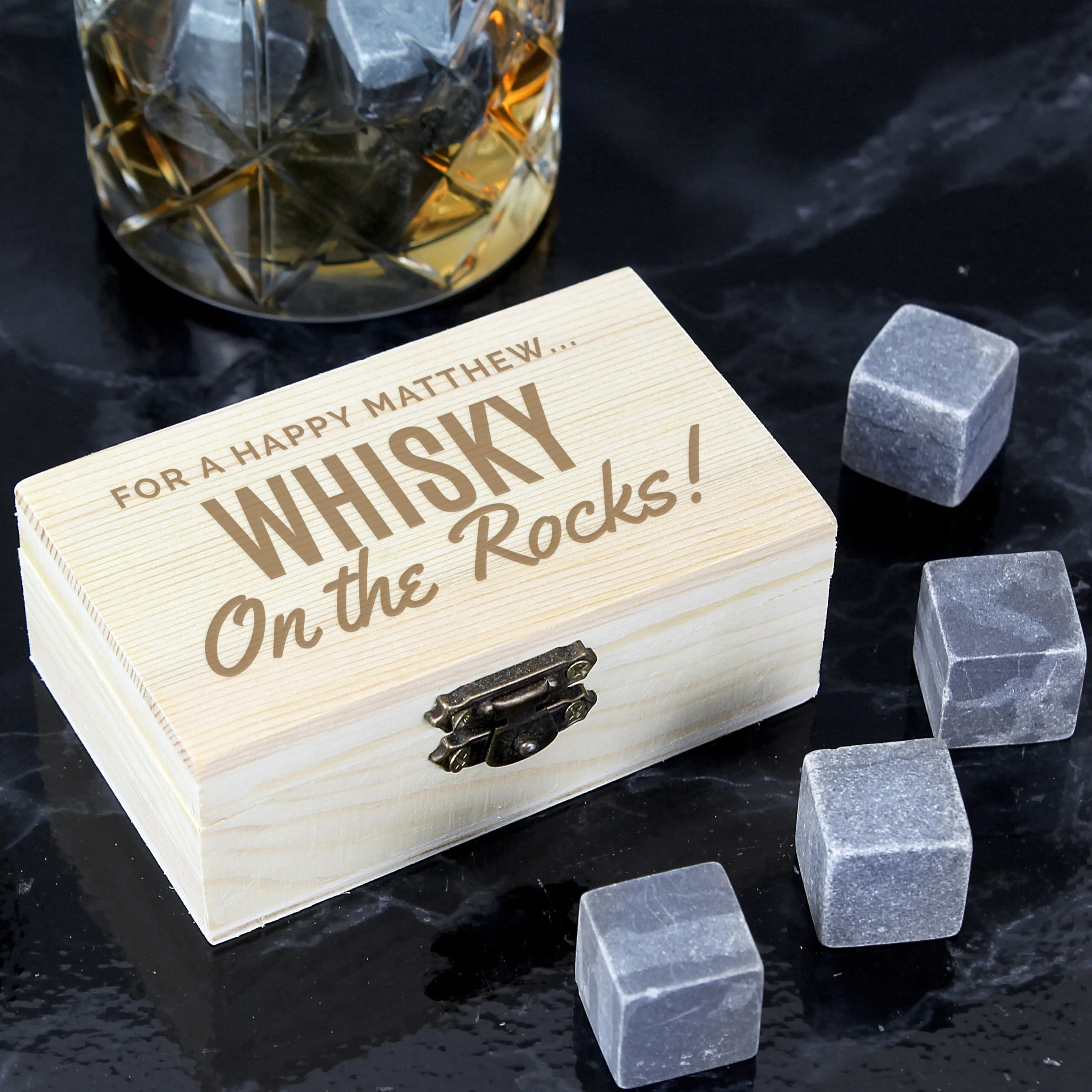 Personalised Any Message Whisky Cooling Stones + Storage Box - Image 1