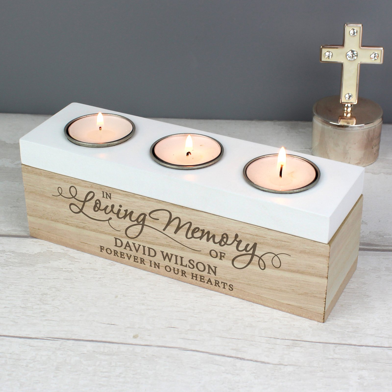 P0111C43 Personalised 'In Loving Memory' Wooden Triple Tea Light Candle Box Personalised 'In Loving Memory' Wooden Triple Tea Light Candle Box - Image 1