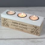 Personalised Any Message Floral Design Wooden Triple Tea Light Candle Box - Image 2