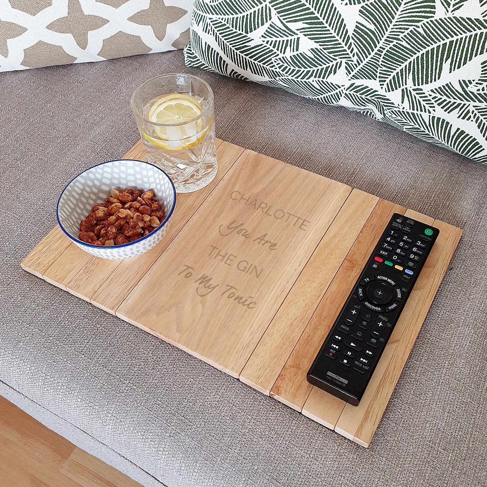 P0111C56 Personalised Any Message Wooden Sofa Tray 2 Personalised Any Message Wooden Sofa Tray - Image 1
