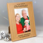 Personalised 'Our First Christmas' 4x6 Portrait Oak Finish Photo Frame - Image 2