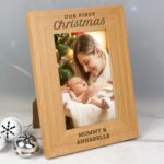 Personalised 'Our First Christmas' 4x6 Portrait Oak Finish Photo Frame - Image 3