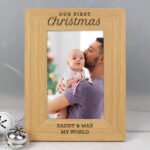 Personalised 'Our First Christmas' 4x6 Portrait Oak Finish Photo Frame - Image 4