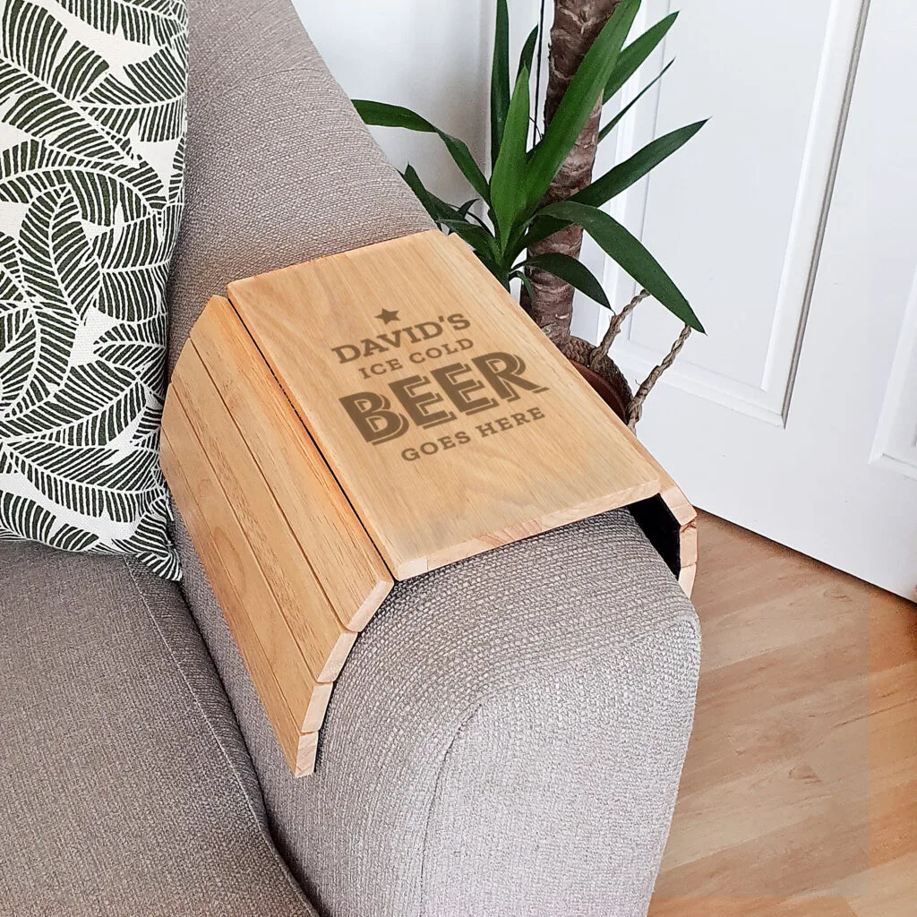 P0111D19 Personalised 'Ice Cold Beer Goes Here' Wooden Sofa Tray 2