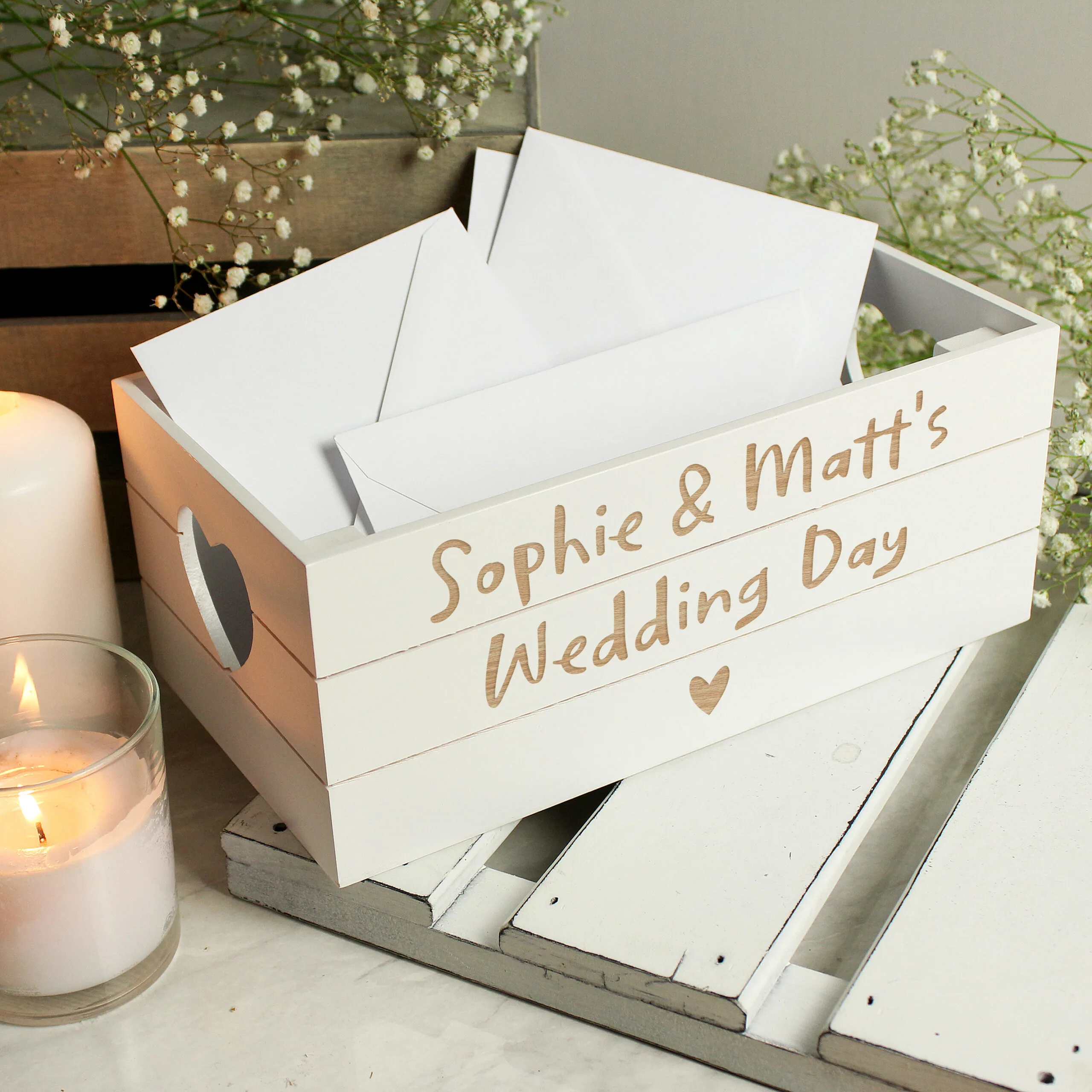 Personalised Any Message Heart Motif Small White Wooden Storage Crate - Image 2