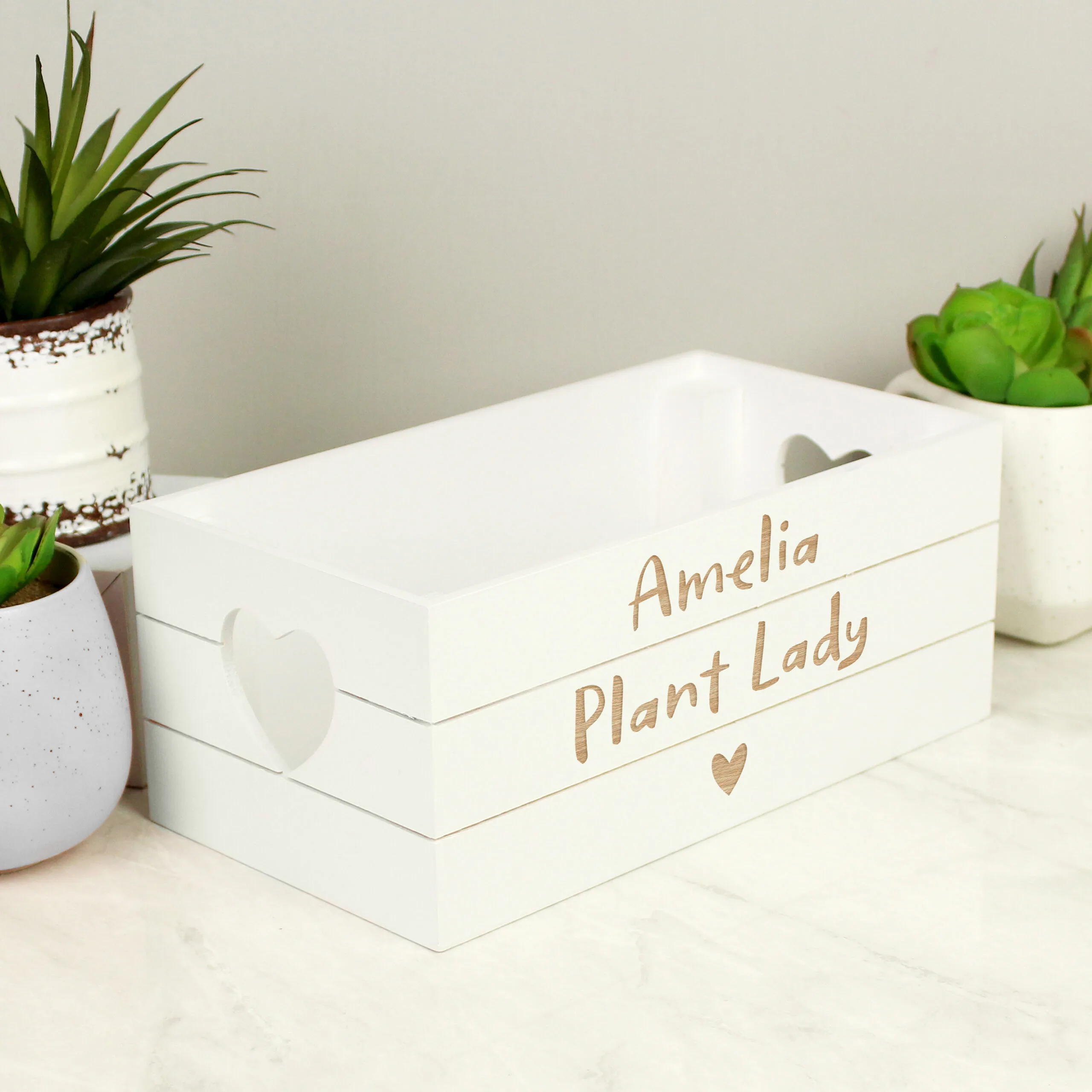Personalised Any Message Heart Motif Small White Wooden Storage Crate - Image 3