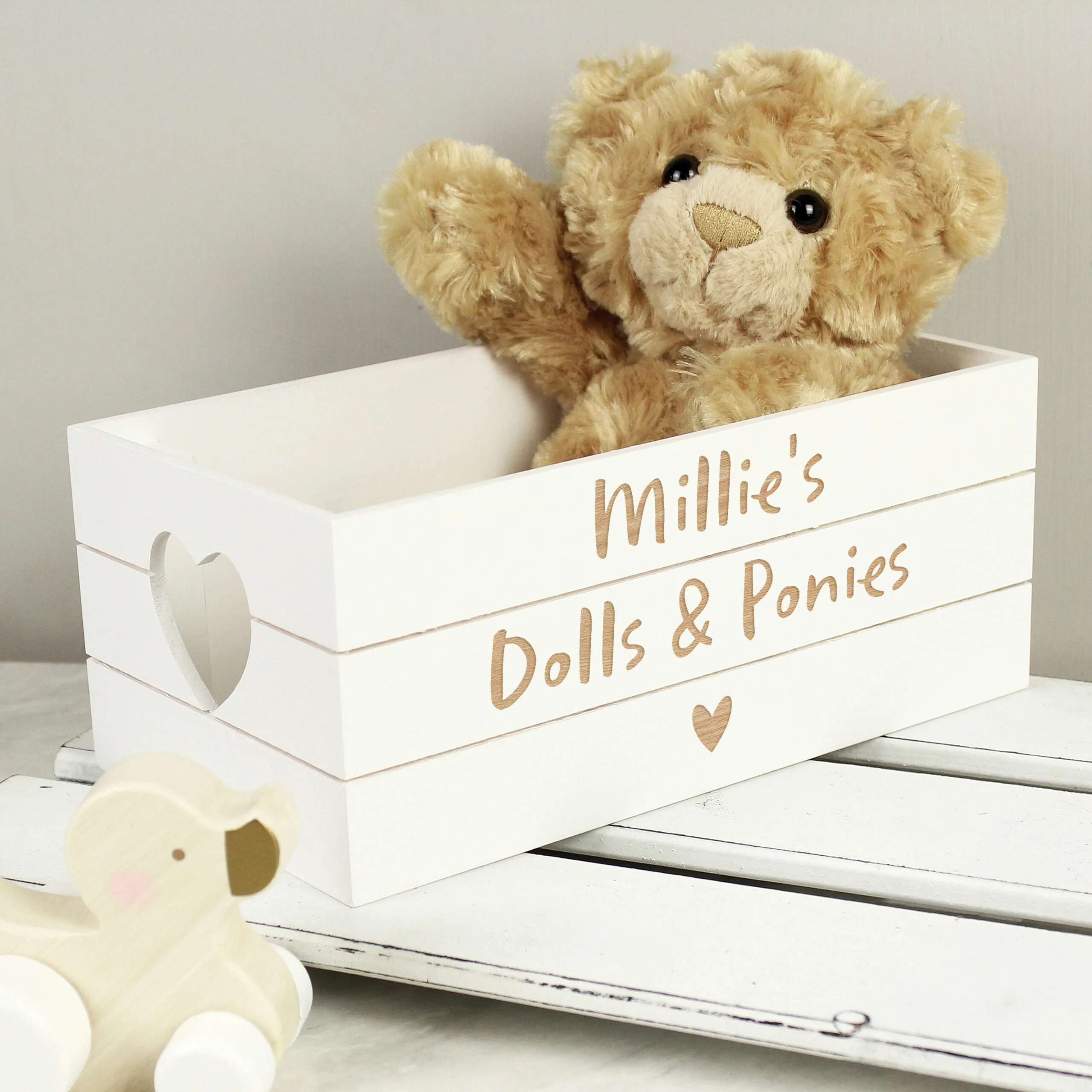 Personalised Any Message Heart Motif Small White Wooden Storage Crate - Image 4