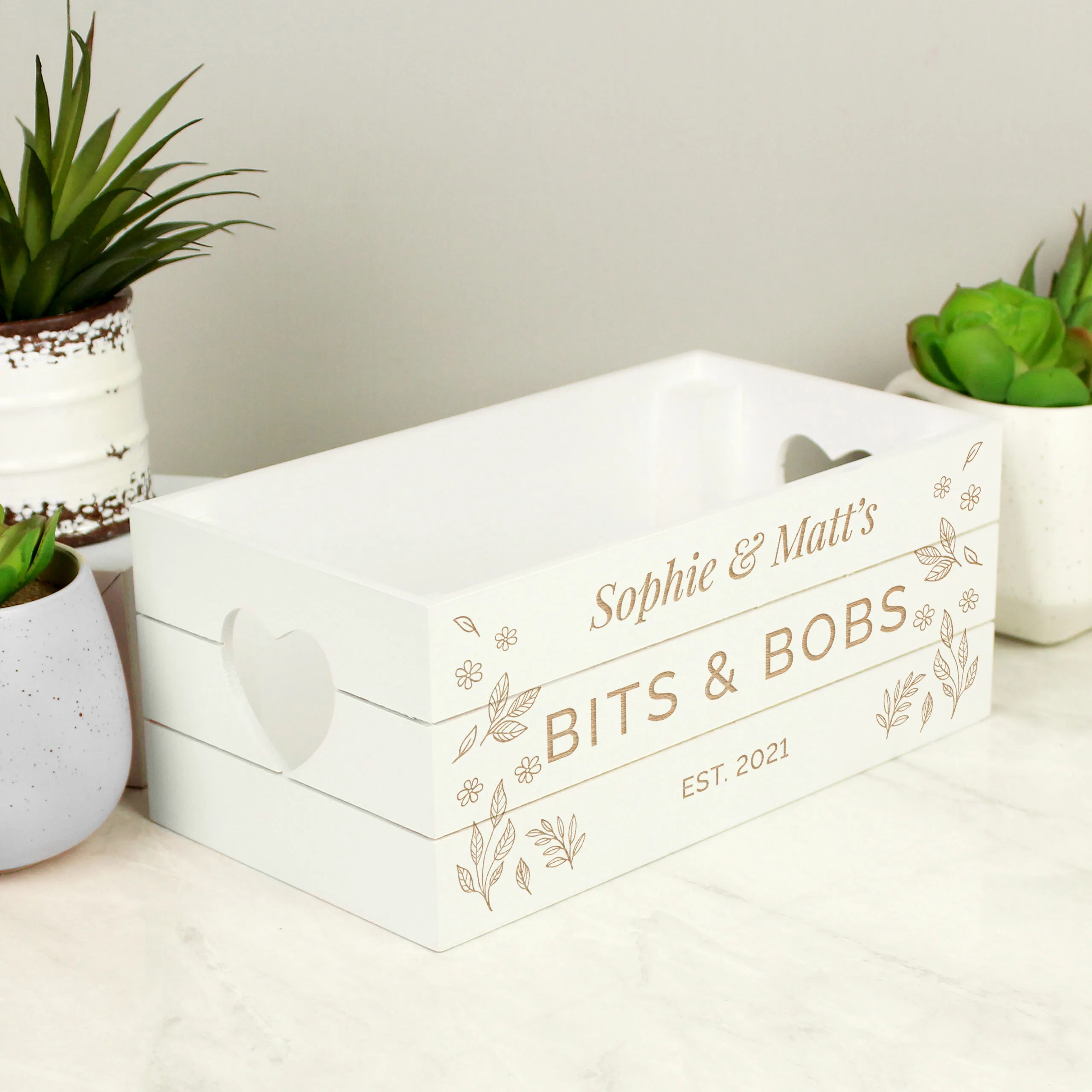 Personalised Any Message Leaf Design Small White Wooden Storage Crate - Image 3