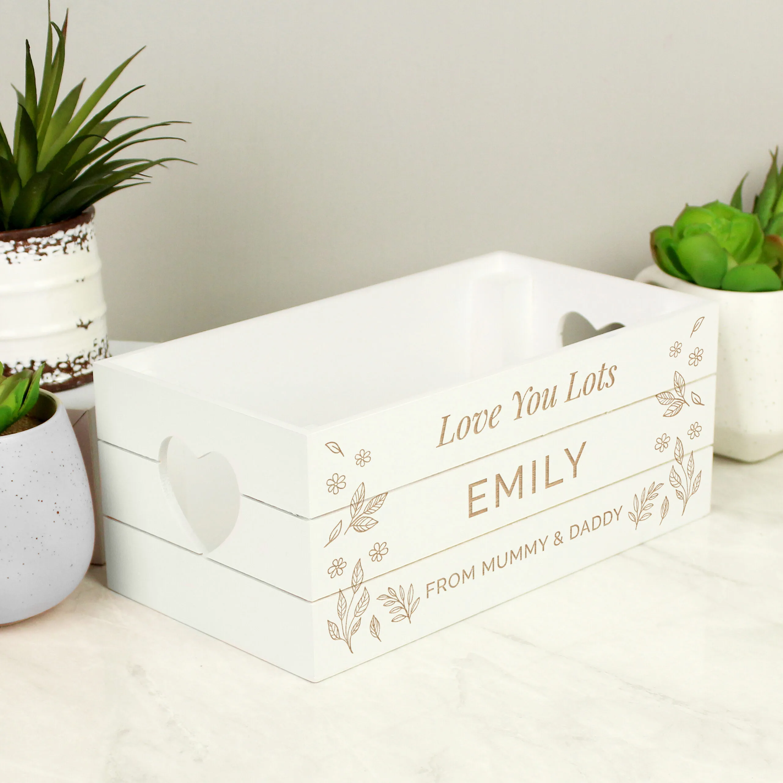 Personalised Any Message Leaf Design Small White Wooden Storage Crate - Image 4