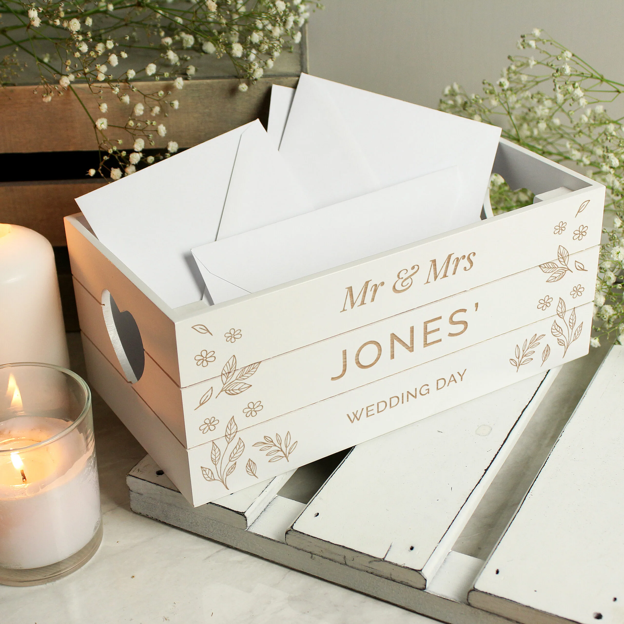 Personalised Any Message Leaf Design Small White Wooden Storage Crate - Image 5