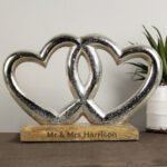 Personalised Any Message Double Metal Heart Wooden Base Ornament