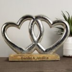 Personalised Any Message Double Metal Heart Wooden Base Ornament - Image 3
