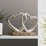 Personalised Any Message Double Metal Heart Wooden Base Ornament - Image 4