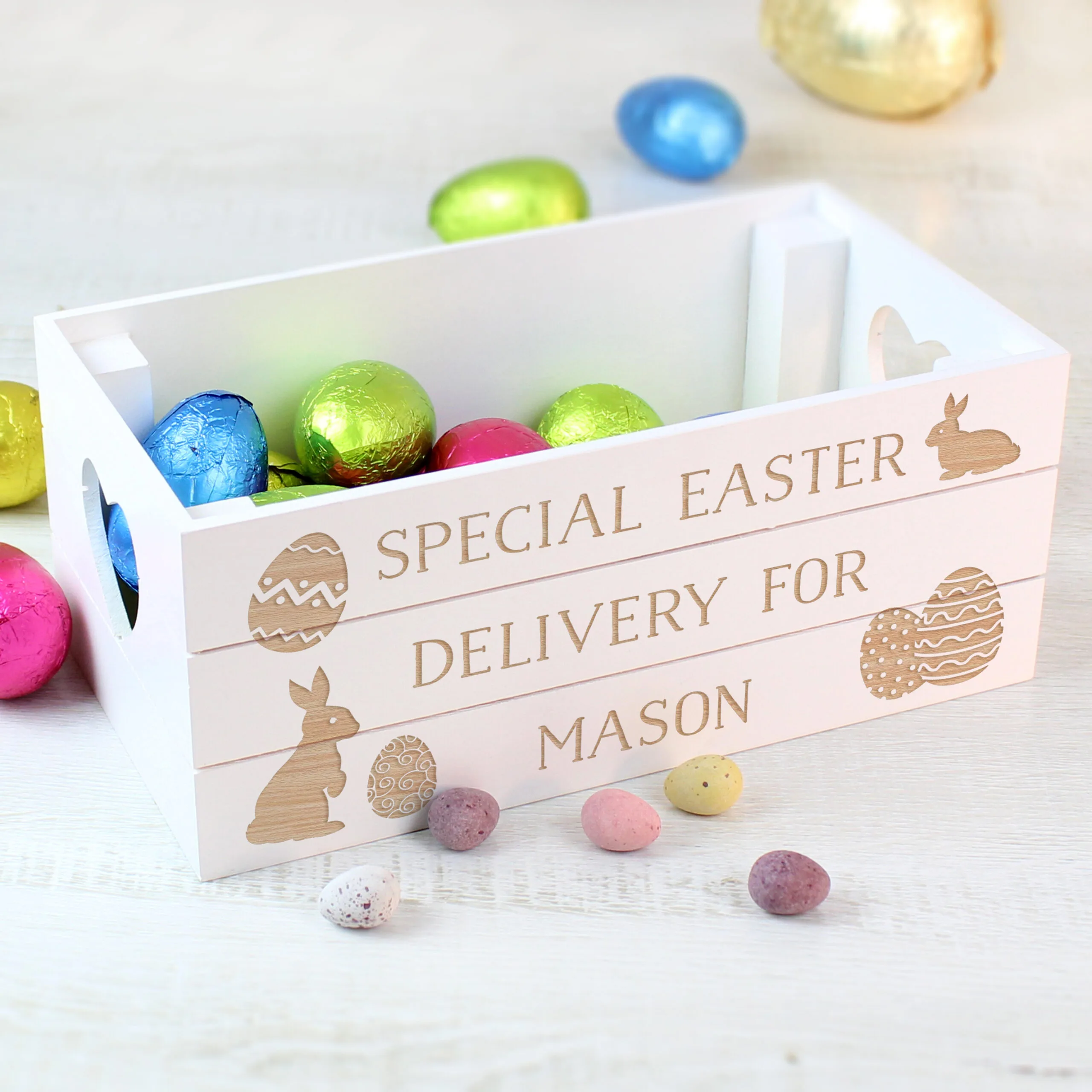 Personalised Easter Bunny & Eggs Design Small White Wooden Storage Crate - Image 2