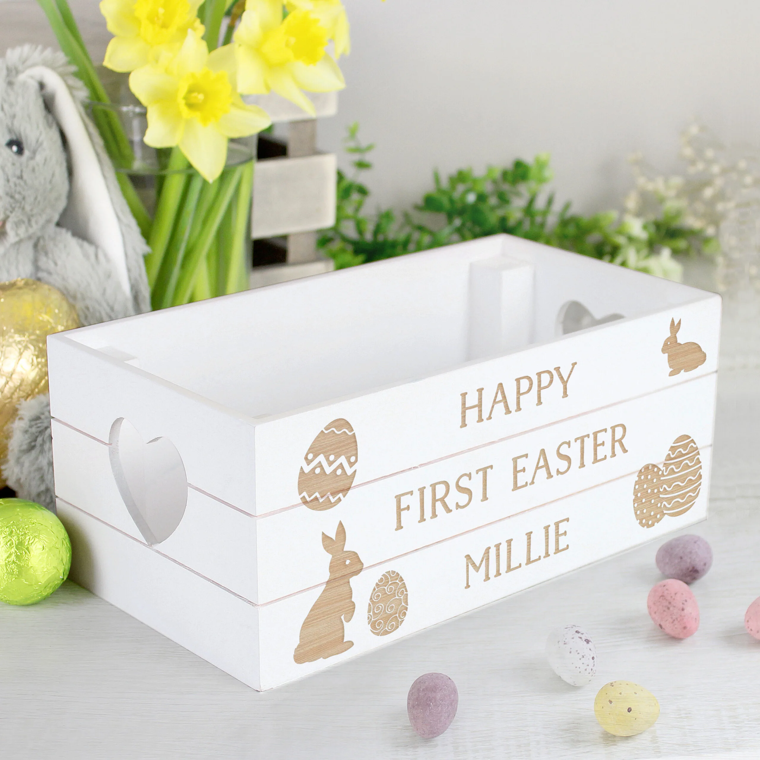 Personalised Easter Bunny & Eggs Design Small White Wooden Storage Crate - Image 3