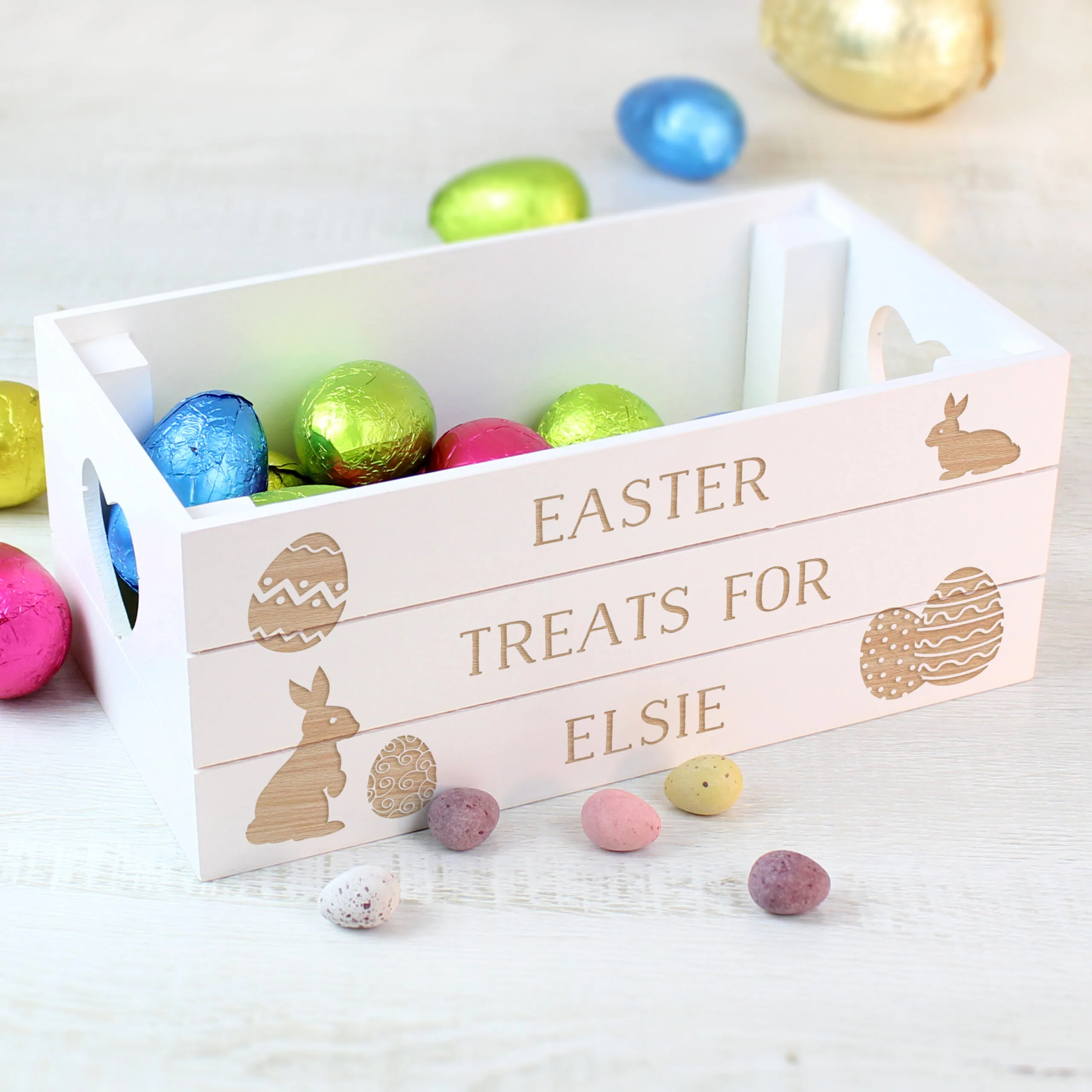 Personalised Easter Bunny & Eggs Design Small White Wooden Storage Crate - Image 4