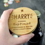 Personalised Any Message Star Motif Bamboo Bottle Opener Coaster - Image 2