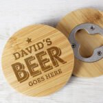 Personalised 'Beer Goes Here' Star Motif Bamboo Bottle Opener Coaster