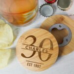 Personalised Big Age Birthday Bamboo Bottle Opener Coaster & Pint Glass Set - Image 3