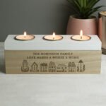 Personalised Row of Houses Design Wooden Triple Tea Light Candle Box