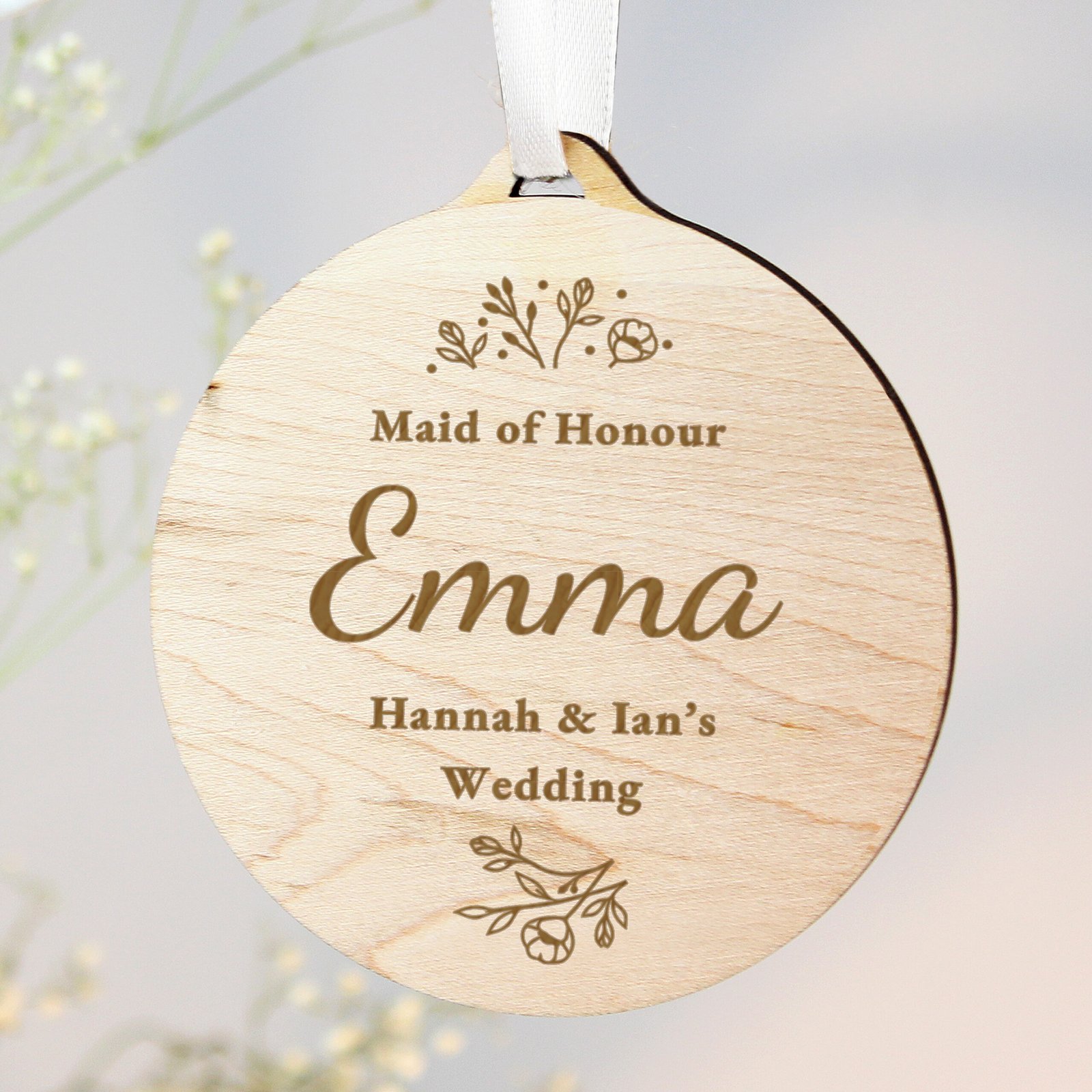 Personalised Floral Design Wedding Party Wooden Decoration/Gift Tag - Image 1