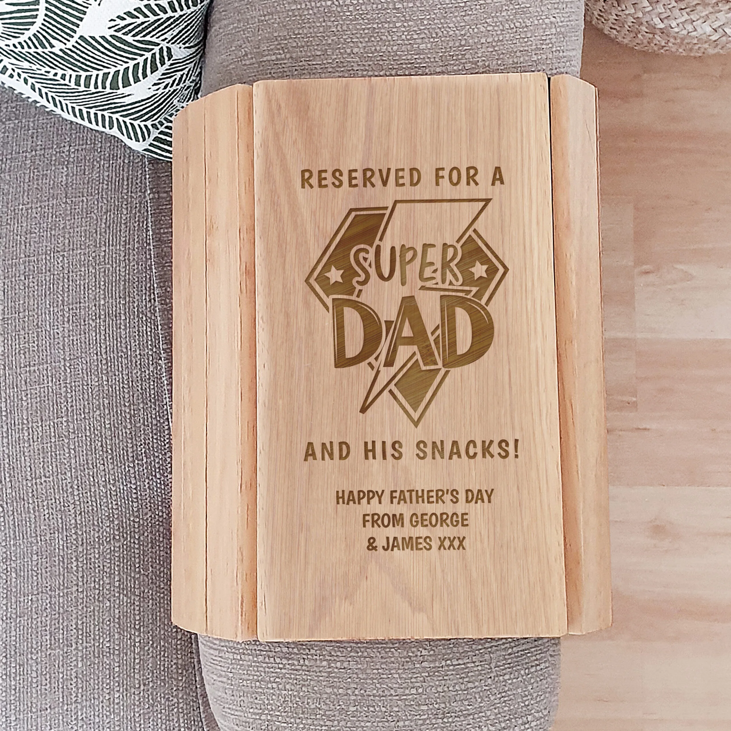 Personalised 'Reserved For a Super Dad' Wooden Sofa Tray - Image 2