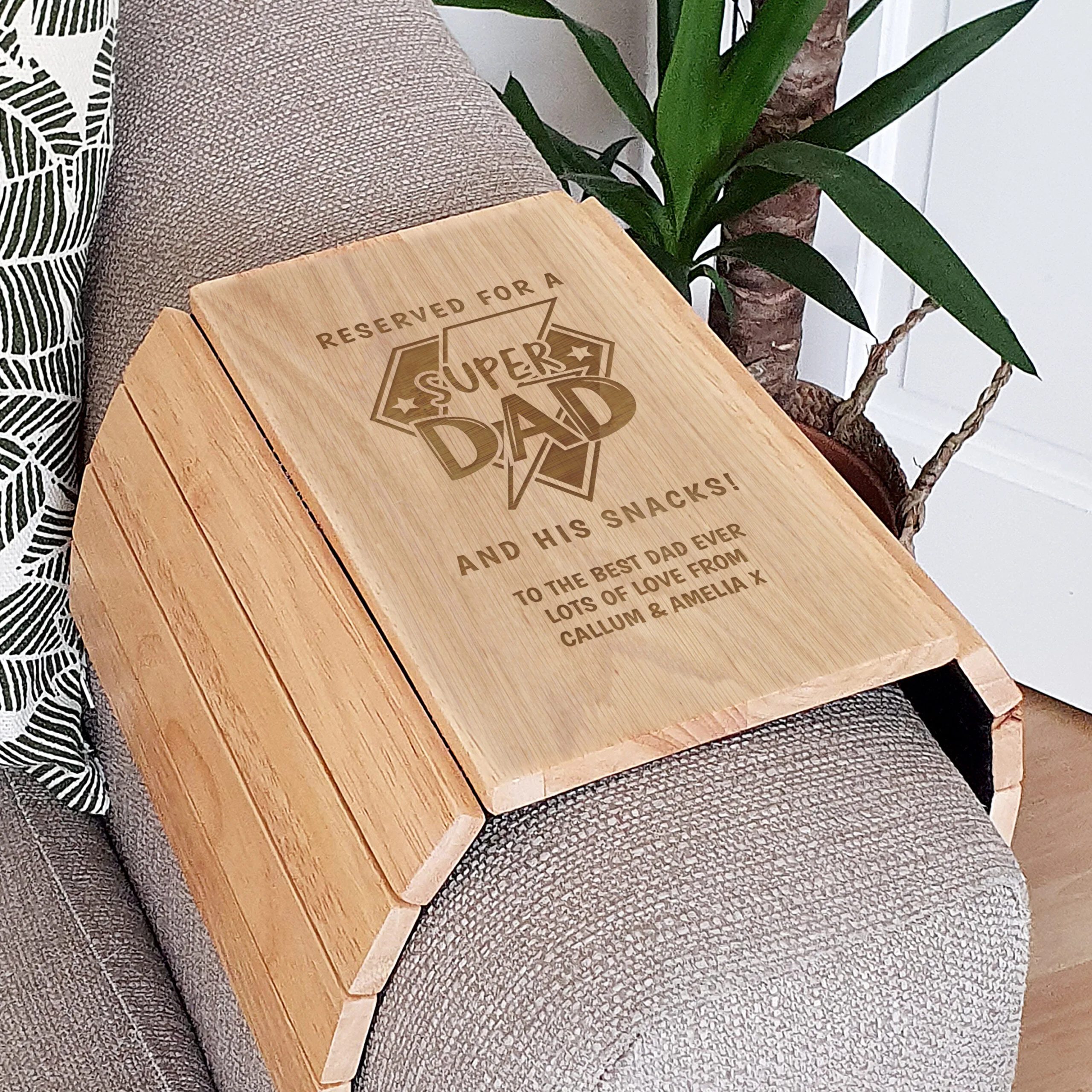 Personalised 'Reserved For a Super Dad' Wooden Sofa Tray - Image 3