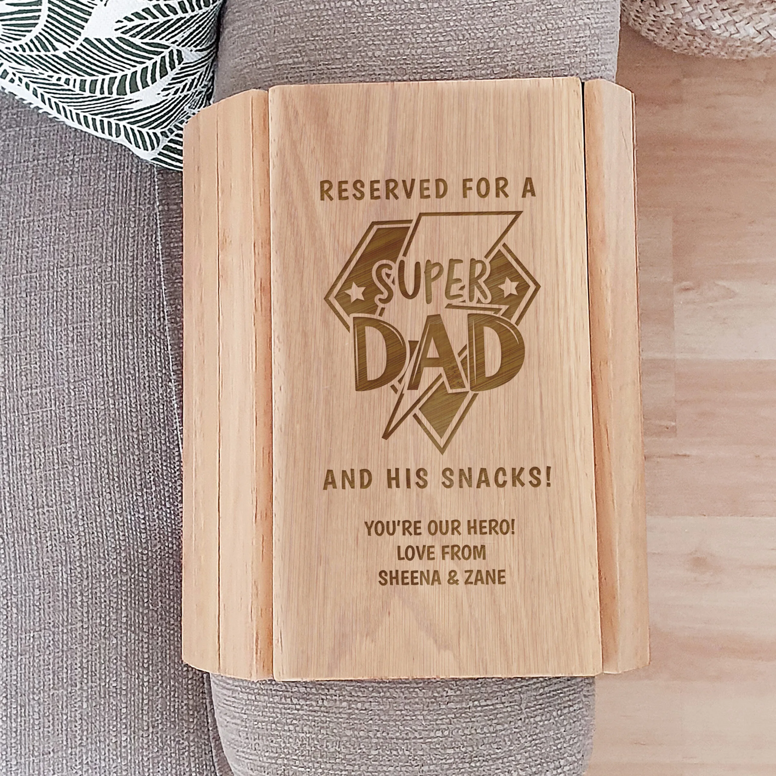 Personalised 'Reserved For a Super Dad' Wooden Sofa Tray - Image 4